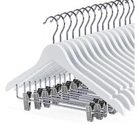 HOUÍSM White Wooden Skirt Hangers with Clips 16Pack, Wooden Coat Hangers for Closet Heavy Duty Wood Pants Hangers with Adjustable Metal Clips for Slacks, Jeans, Shorts, Jacket, Blouse, Clothes Suit