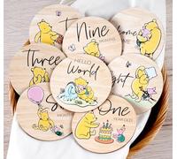 HOUÍSM Wooden Baby Milestone Cards, 8Pcs Double Sided Markers, Winnie the Pooh Theme - Natural With Color Printing