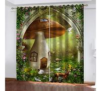 HOUKAI 3D Garden Mushroom House Blackout Curtains For Bedroom, Print Pattern Room Darkening Window Drapes For Living Room 2x55x102 Inch 2 Panels, Curtains Eyelet Ring Top Thermal Insulated Curtains