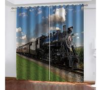 HOUKAI Black Train Print 3D Eyelet Ring Top Thermal Insulated Blackout Curtains For Kids Print Pattern Window Drapes For Bedroom Living Room 2x27x63 Inch Drop 2 Panels, Darkening Window Drapes