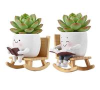 Houkiper Cute Rocking Chair Plant Pots, 2Pcs Swing Planter Pot Smily Face Resin Flower Pots, Indoor Outdoor Succulent Pot with Drain Hole Bamboo Tray- Plant Gifts for Mother's Day