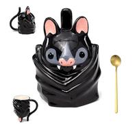 HOUKUNKA Bat Upside Down Shaped Mug, Cute 3D Bat Coffee Mug with Spoon, Pointy Ears Tiny Fangs, Weighted Stable Base, Funny Animal Novelty Mug Gift for Goth Decor, Office & Home Drinkware (1PC)