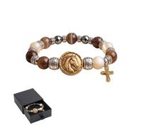 HOUKUNKA King of Glory Horse Faith Bracelet - Stone Beads with Antiqued Cross & Horse Charm, Adjustable Christian Wristband, Religious Inspirational Gift for Parent and Friend (1PC)
