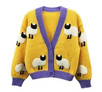 HOULENGS Women's Kawaii Strawberry Print Button Down Long Sleeve V Neck Crop Cardigan Sweater, Yellow, One size