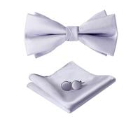 HOULIFE Bow Tie Set for Men - Adjustable Pre-tied Bowtie, Satin Polyester Bow Tie, Solid Colour Pocket Square, Cufflinks Set for Groom Wedding Party with Gift Box, Silver Grey