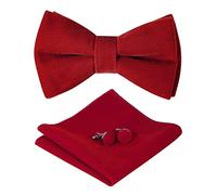 HOULIFE Bow Tie Set for Men - Adjustable Velvet Pre-tied Bowtie, Solid Colour Pocket Square, Cufflinks Set for Groom Wedding Party Formal with Gift Box (Double Layer Bow Tie, Red)