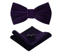 HOULIFE Bow Tie Set for Men - Adjustable Velvet Pre-tied Bowtie, Solid Colour Pocket Square, Cufflinks Set for Groom Wedding Party Formal with Gift Box, Purple