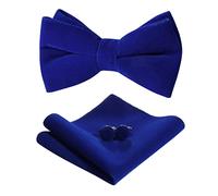 HOULIFE Bow Tie Set for Men - Adjustable Velvet Pre-tied Bowtie, Solid Colour Pocket Square, Cufflinks Set for Groom Wedding Party Formal with Gift Box (Double Layer Bow Tie, Blue)