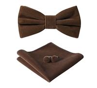 HOULIFE Bow Tie Set for Men - Adjustable Velvet Pre-tied Bowtie, Solid Colour Pocket Square, Cufflinks Set for Groom Wedding Party Formal with Gift Box (Brown)