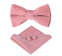 HOULIFE Bow Tie Set for Men - Adjustable Velvet Pre-tied Bowtie, Solid Colour Pocket Square, Cufflinks Set for Groom Wedding Party Formal with Gift Box (Double Layer Bow Tie, Smoke pink)