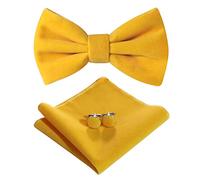 HOULIFE Bow Tie Set for Men - Adjustable Velvet Pre-tied Bowtie, Solid Colour Pocket Square, Cufflinks Set for Groom Wedding Party Formal with Gift Box (Yellow)