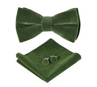 HOULIFE Bow Tie Set for Men - Adjustable Velvet Pre-tied Bowtie, Solid Colour Pocket Square, Cufflinks Set for Groom Wedding Party Formal with Gift Box (Double Layer Bow Tie, Olive green)