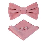 HOULIFE Bow Tie Set for Men - Adjustable Velvet Pre-tied Bowtie, Solid Colour Pocket Square, Cufflinks Set for Groom Wedding Party Formal with Gift Box, Smoke pink