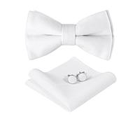 HOULIFE Bow Tie Set for Men - Adjustable Velvet Pre-tied Bowtie, Solid Colour Pocket Square, Cufflinks Set for Groom Wedding Party Formal with Gift Box (Double Layer Bow Tie, White)