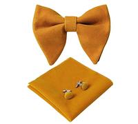 HOULIFE Bow Tie Set for Men Adjustable Velvet Pre-tied Bowtie, Solid Colour Pocket Square, Cufflinks Set for Groom Wedding Party Formal with Gift Box (Yellow)