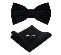 HOULIFE Bow Tie Set for Men - Adjustable Velvet Pre-tied Bowtie, Solid Colour Pocket Square, Cufflinks Set for Groom Wedding Party Formal with Gift Box (Black)