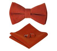 HOULIFE Bow Tie Set for Men - Adjustable Velvet Pre-tied Bowtie, Solid Colour Pocket Square, Cufflinks Set for Groom Wedding Party Formal with Gift Box (Double Layer Bow Tie, Brick Red)