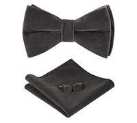 HOULIFE Bow Tie Set for Men - Adjustable Velvet Pre-tied Bowtie, Solid Colour Pocket Square, Cufflinks Set for Groom Wedding Party Formal with Gift Box (Double Layer Bow Tie, Dark grey)
