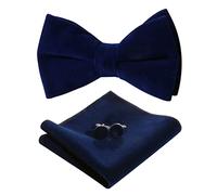 HOULIFE Bow Tie Set for Men - Adjustable Velvet Pre-tied Bowtie, Solid Colour Pocket Square, Cufflinks Set for Groom Wedding Party with Gift Box (Double Layer Bow Tie, Navy blue)