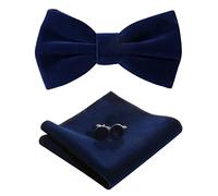 HOULIFE Bow Tie Set for Men - Adjustable Velvet Pre-tied Bowtie, Solid Colour Pocket Square, Cufflinks Set for Groom Wedding Party Formal with Gift Box, Navy blue