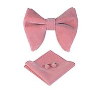 HOULIFE Men's Bow Tie Set - Adjustable Velvet Bow Tie, Pre-Tied Bow Tie, Plain Hanky Cufflinks Set for Groom Wedding Formal with Gift Box, Smoked Pink, L