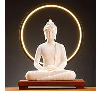Houlu 12 in White Buddha Statue and 15.74 in LED Circle Table Lamp, Indoor Ceramic Buddha Statues for Home Décor