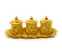 Houlu 3 Altar Cups Set, Ceramic Holy Water Offering Cup, Tibetan Buddhist Worship Cup (Yellow)