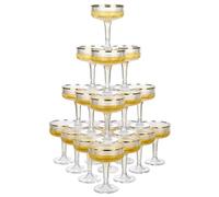 Houmury 20 Pcs 7oz Plastic Champagne Glasses Unbreakable Plastic Martini Glasses Flutes Reusable Clear Acrylic Coupe Drinkware For Wedding Birthday Party (20, Gold)