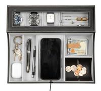 HOUNDSBAY Navigator Big Dresser Valet Tray With Watch Box Jewelry Organizer & Angled Charging Station Grey