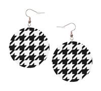 Houndstooth Black Leather Round Earrings Color Valentine'S Day Festival Activities Fashion Women'S