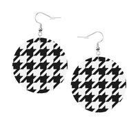 Houndstooth Black Leather Round Earrings Color Valentine'S Day Festival Activities Fashion Women'S