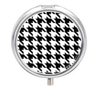 Houndstooth Black Metal Pill Organizer, 3 Compartment Waterproof Pill Case with Mirror for Purse Pocket Bag, Daily Medicine Vitamin Holder, Portable Travel Med Container(Round)