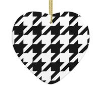 Houndstooth Black Print Heart Shaped Ceramic Christmas Ornament Xmas Tree Home Holiday Love Themed Decor