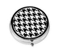 Houndstooth Black Printed Round Travel Pill Box Cute Small Metal Pocket Pill Case for Men & Women 3 Compartment Portable Pill Organizer for Purse or Pocket