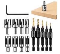 Hounyou 14-Piece Countersink Drill Bit and Wood Plug Cutter Tool Set | 5 Adjustable 82° Bits, 8 Plug Cutters in 6-16 mm Sizes and Hex Key