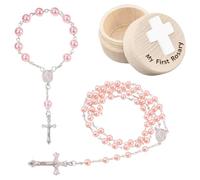 Hounyou 3Pcs Girls Christening Gifts, Pink Rosary Beads With Memorial Keepsake Box for First Communion