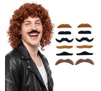 Hounyou Men's Brown Curly Mullet Wig, 80s Pop Rock Fancy Dress Costume | Voluminous retro curls with 12 pcs of moustaches for parties, stage shows, festivals and photoshoots
