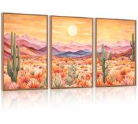HOURIA 3Pcs Abstract Sunset Mountain Desert Cactus Canvas Wall Art (16"x24"), Vintage Southwest Landscape Wall Decor, Mid Century Modern Boho Wilderness Art Print for Office Farmhouse Living Room