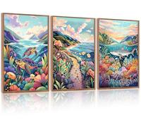 HOURIA 3Pcs Framed Watercolor Sea Marine Life Canvas Wall Art Set (16"x24"), Abstract Ocean Underwater World Wall Decor, Colorful Turtle Shark Seaside Path Art Print for Nursery Kids Room Bedroom
