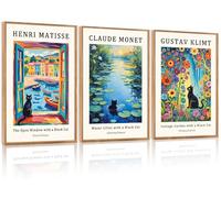 HOURIA 3Pcs Large Monet Water Lilies Black Cat Framed Canvas Wall Art Set(16"x24"), Abstract Matisse Window Black Cat Wall Decor Klimt Garden Flowers Cat Pictures Art Prints for Bedroom Living Room