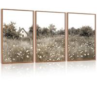 HOURIA 3Pcs Pastoral Countryside Landscape Canvas Wall Art (16"x24"), Rustic Wildflower Cottage Wall Decor, Vintage Mid Century Modern Natural Scenery Art Print for Office Living Room Farmhouse