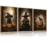HOURIA Large Halloween Spooky Witch Black Cat Raven Framed Canvas Wall Art Set,Witchy Hat Pumpkin Wall Decor,Full Moon Autumn Forest Artwork,Dark Castle Art Prints for Living Room, Bedroom-16 x24 x3
