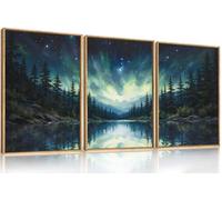 HOURIA Northern Lights Forest Lake Framed Canvas Wall Art Set,Aurora Borealis Mountain Wall Decor,Night Sky Reflective Water Artwork,Modern Wilderness Landscape Prints for Living Room,Office-24"x36"x3