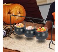 Hourleey Halloween Decorations, Set of 3 Witches Cauldron Serving Bowls on Rack, Black Plastic Hocus Pocus Candy Bucket Cauldron for Indoor Outdoor Home Kitchen Candy Holder Decor