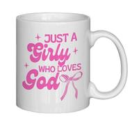 HOURRUIYU Cute Coffee Mugs, Just A Girl Who Loves God,Bow Cups 11oz,Decorative Coffee Tea Cup for Women Men,Boss Lady Gifts For Women,Pink Bow Cup