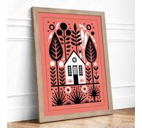 House Between Trees Mid-Century Framed Wall Art Print A2 (59.4×42cm) Oak, Wall Decor for Living Room, Bedroom, Office & Home, Ready to Hang, Art Gift