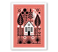 House Between Trees Mid-Century Framed Wall Art Print A4 (29.7×21cm) White, Wall Decor for Living Room, Bedroom, Office & Home, Ready to Hang, Art Gift