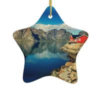 House By The Lake Double-Sided Printed Ceramic Star Christmas Ornament With Gold Hanging Cord-Festive Holiday Decoration For Home,Store, Christmas Tree