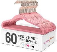 HOUSE DAY Kids Hangers, 60 Pack Velvet Coat Hangers, 14in, Ages 5-15, Pink | Non-slip Velvet Surface, Slim Space Saving Design and 360° Swivel Rose Gold Hooks for Children's Clothing