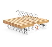 HOUSE DAY Premium Wooden Pants Hangers 15 Pack, Solid Lotus Wood Skirt Hangers with 2-Adjustable Clips, Heavy Duty & Anti Slip Wood Bottom Hangers for Slacks, Jeans, Trousers, Shorts (Natural)